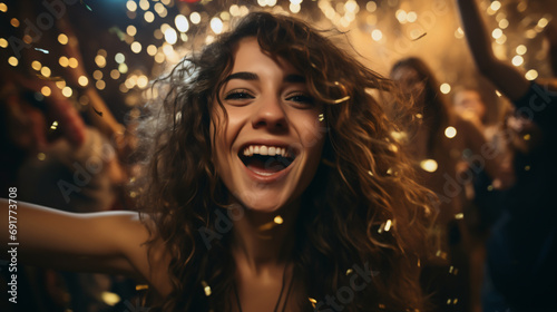 Friend with Christmas costumes taking selfie on a party, celebrating with friends at a Christmas party. Energetic and enthusiastic photo in an atmosphere representing the Christmas festivities.