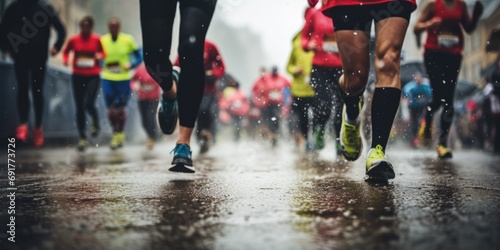 Crowd of sports people running outdoors marathon on rainy day