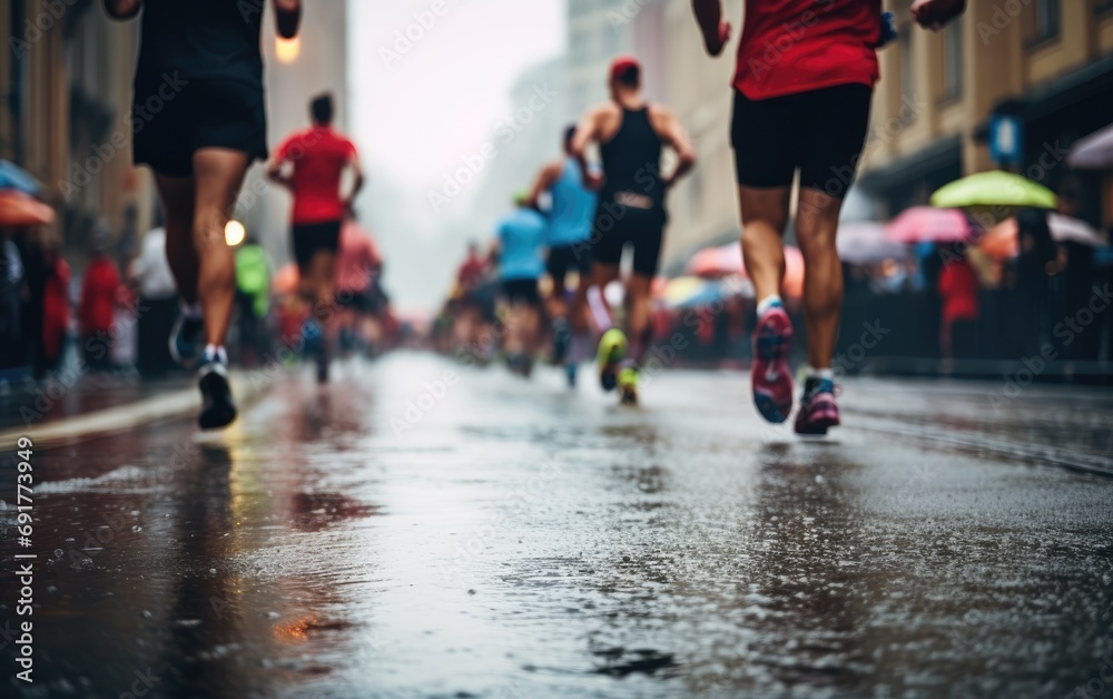 Crowd of sports people running outdoors marathon on rainy day