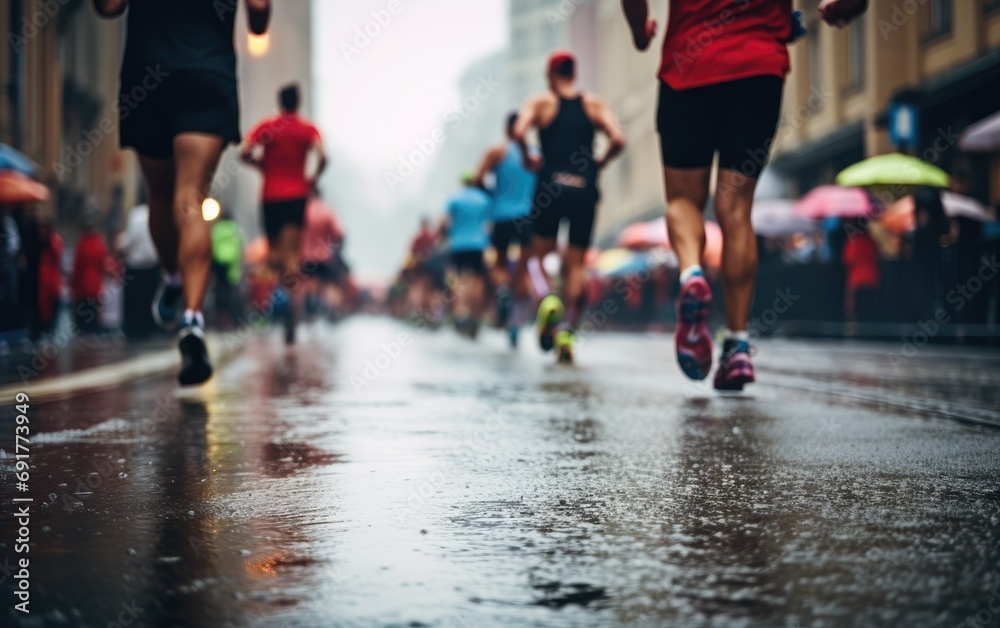 Crowd of sports people running outdoors marathon on rainy day Crowd of sports people running outdoors marathon on rainy day