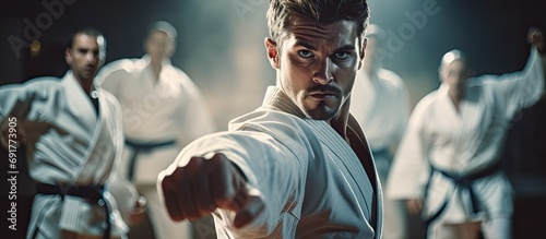 Men engaging in karate training at fitness studio, practicing fight club workout at gym and studying dojo moves as exercise at sports center. Physically active individuals displaying strength, fitness
