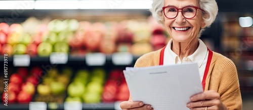 Smiling senior lady at supermarket, enjoying quality products, holding list and apple, copy space. photo
