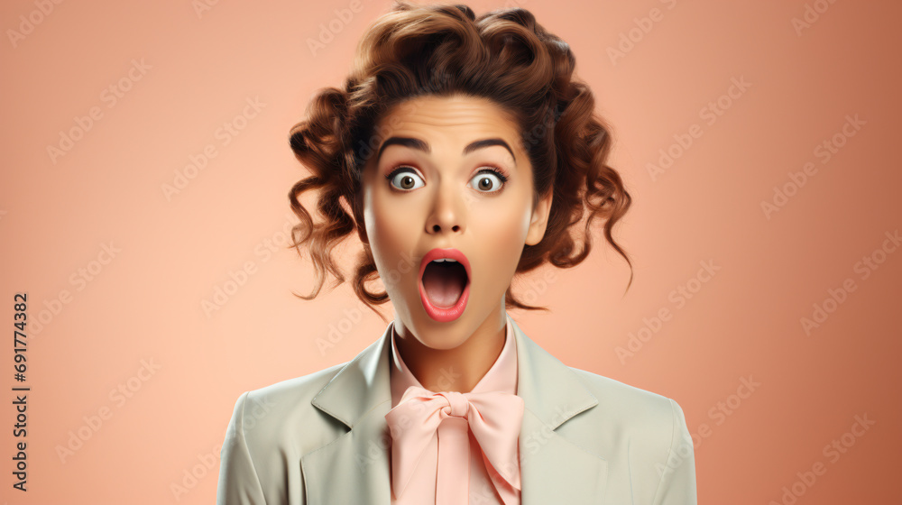 Beautiful young girl was Surprised and excited, opening her eyes and mouth. Isolated on solid light color background. Beautiful young girl was Surprised and excited, opening her eyes and mouth. Isolated on solid light color background.