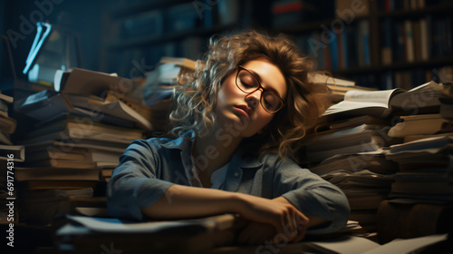 woman in glasses sleeping in dark office or library at night surrounded by piles of books. Woman working overtime. work-life balance.