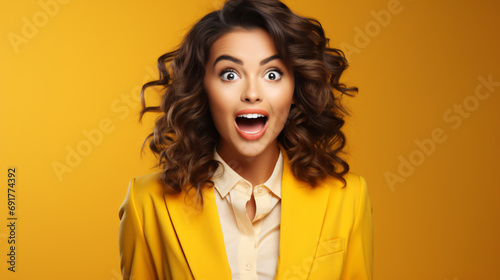 Beautiful young girl was Surprised and excited, opening her eyes and mouth. Isolated on solid light color background.
