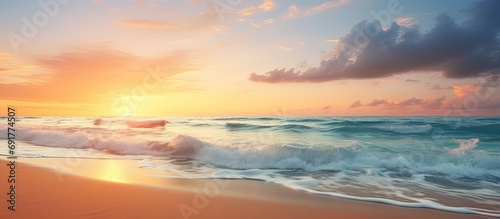 Relaxing sunrise/sunset sky, calm sea beach, inspiring tropical seascape, peaceful Mediterranean view.
