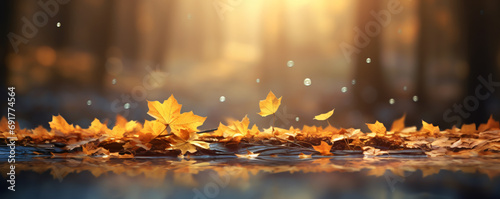 Beautiful autumn background with leaves in the ground and sun rays. Autumn leaves on the ground in the park.