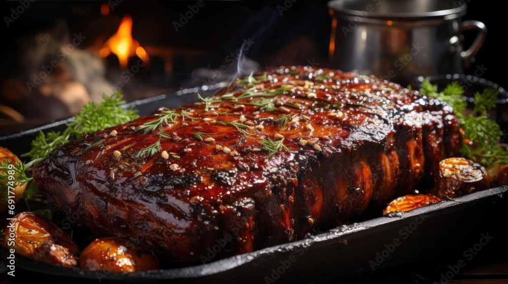 Realistic grilled barbeque with melted barbeque sauce and cut vegetables, black and blur background Realistic grilled barbeque with melted barbeque sauce and cut vegetables, black and blur background