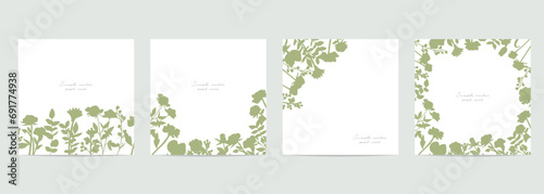 手描きの草木イラスト。草木のベクター背景ハガキテンプレート。植物のナチュラルイメージポストカードセッHand drawn grass and trees illustration. Grass vector background postcard template. Natural image of plants postcard set.