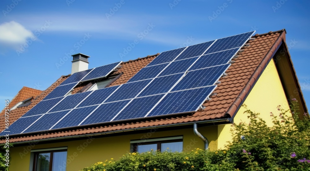 Fototapeta premium Solar panel cells system on roof, sustainable energy alternative