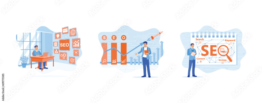 SEO concept. Businessman analyzing ranking marketing. Optimizing the website. Entrepreneurs develop business ideas via the Internet. Set Trend Modern vector flat illustration