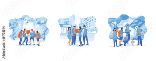 Tourist Guide concept. Four young tourists with backpacks on their backs. A group of friends exploring the city. Young tourist trekking in the jungle. Set Trend Modern vector flat illustration