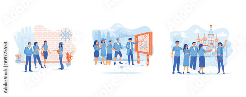 Tourist Guide concept. The female tour guide gave an explanation. Listen to the tour guide's explanation. Young tourists go on a tourist trip. Set Trend Modern vector flat illustration