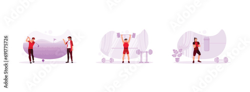 Sports athlete concept. Male and female golfers play golf on the course. Strong and active weightlifter. Professional boxer training in gym room. Set Trend Modern vector flat illustration