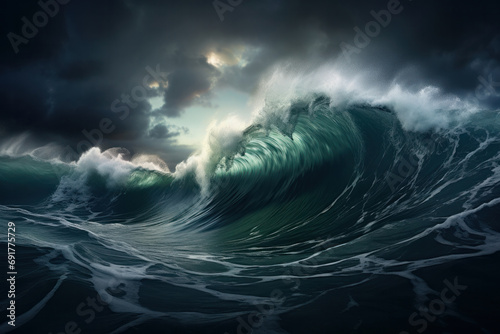 Ocean's masterpiece Huge wave surges in storm's power. AI Generative wonder enhances the natural beauty and dynamic movement of this turbulent seascape.