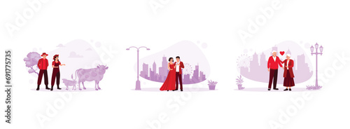 Relationship concept. Cattle farmer couple grazing cows. Young couple holding wine glasses. Senior couple taking a walk together. Set Trend Modern vector flat illustration