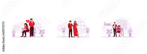 Relationship concept. Young couple quarreling sitting on chairs. Romantic couple doing studio photo. Coworkers using computers. Set Trend Modern vector flat illustration