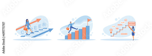 Climb the stairs while carrying a briefcase. Man climbs the chart ladder. Concept of development, growth and career success. Career Development Concept. Set Trend Modern vector flat illustration
