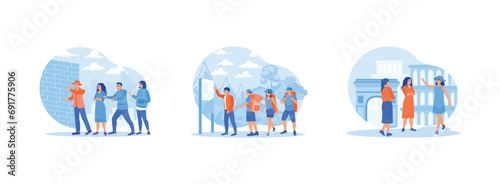 Tourist Guide concept. The tour guide explains the history of a building. Tourists gather around the tour guide. Tourists go on tour. Set Trend Modern vector flat illustration photo
