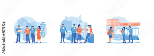 Tourist Guide concept. Vacationing in Pisa, Italy. The tour guide explains about the culture. Take a local tourist trip by train. Set Trend Modern vector flat illustration
