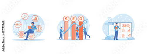 SEO concept. Website traffic ranking marketing. SEO Search Engine Optimization. Take note of the SEO optimization scheme. Set Trend Modern vector flat illustration