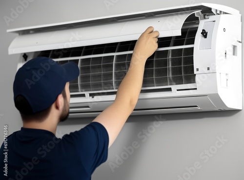 Professional HVAC Technician Inspecting and Maintaining Air Conditioning
