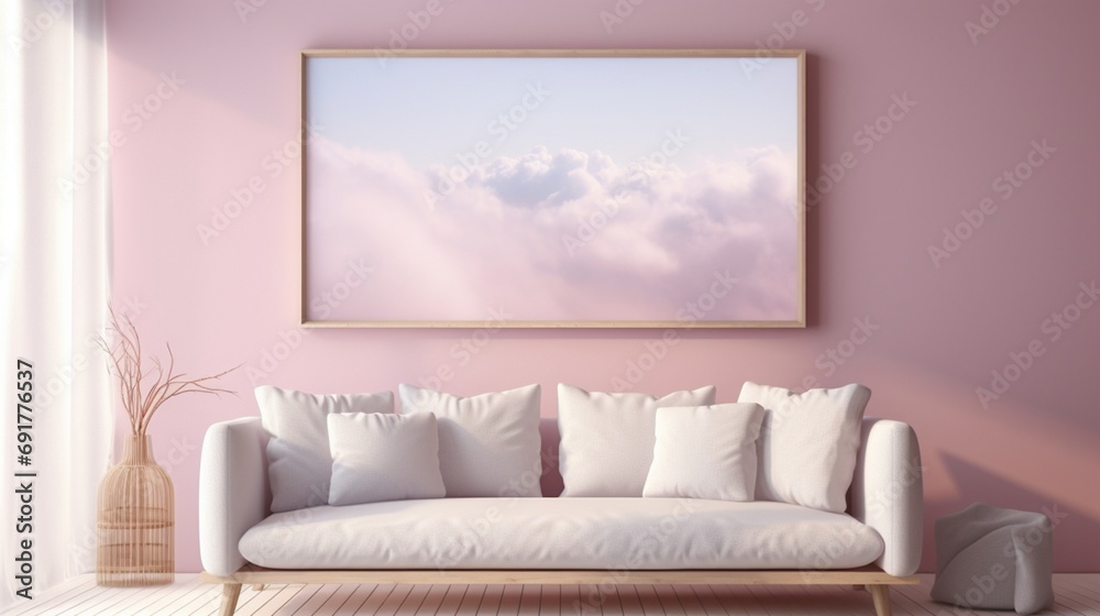 3D Mockup poster empty Blank Frame, hanging on a cloud-painted sky wall, above a daydreamer's cozy display room 3D Mockup poster empty Blank Frame, hanging on a cloud-painted sky wall, above a daydreamer's cozy display room
