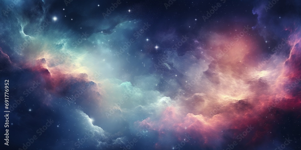 A vibrant, wide-angle cosmic view of a nebula with various hues ranging from blues to reds, dotted with stars.