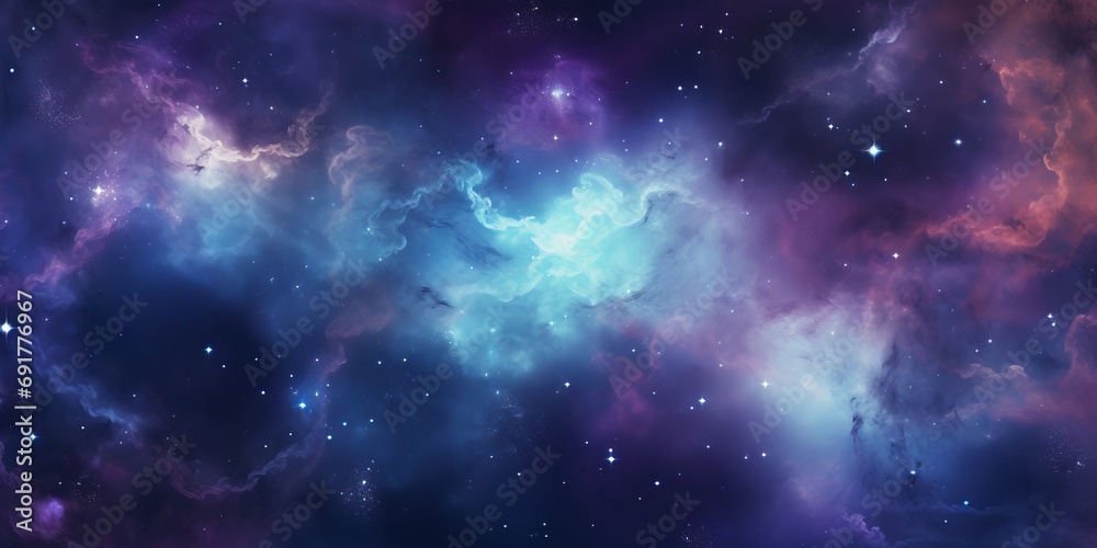 A vibrant, wide-angle cosmic view of a nebula with various hues ranging from blues to reds, dotted with stars.