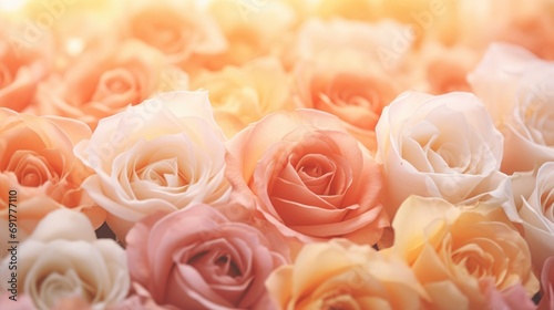 roses with bokeh light  this is an image of peach and peach roses  in the style of color gradient  allover composition  diverse color palette  ivory  sharp focus 