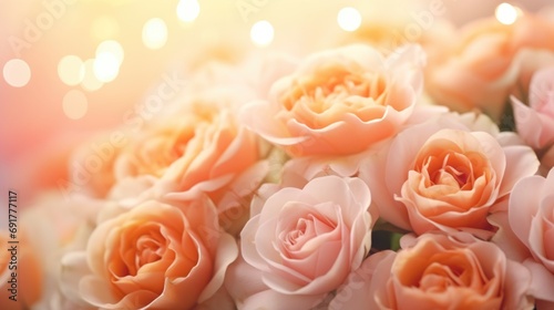 roses with bokeh light  this is an image of peach and peach roses  in the style of color gradient  allover composition  diverse color palette  ivory  sharp focus 