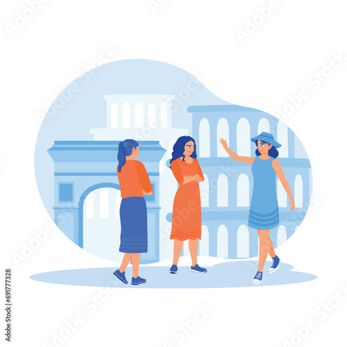 Tourists go on tour. Tourists listen to the explanation of a girl who works as a tour guide on a walking tour. Tourist Guide concept. trend modern vector flat illustration