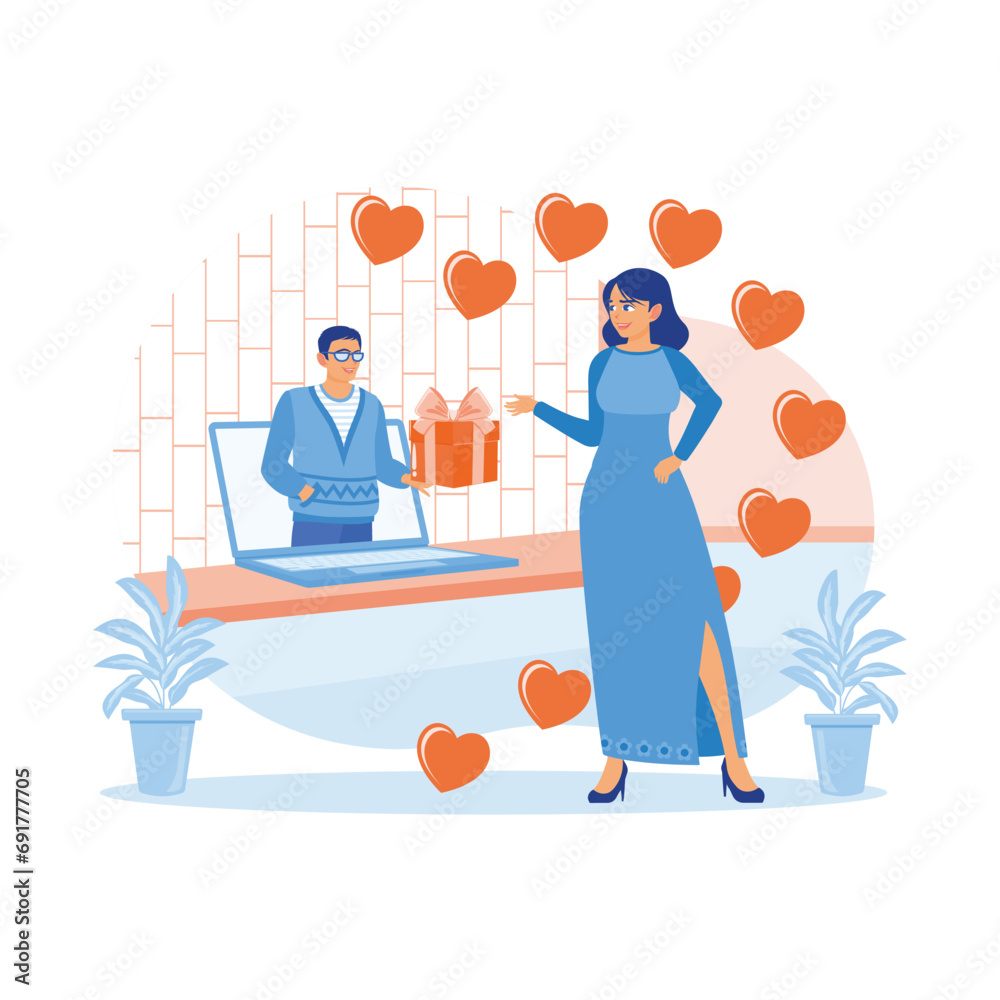 Obraz premium A young couple in love goes on a virtual date. The man with glasses shows the gift he will give to his partner. virtual Relationships concept. Trend Modern vector flat illustration