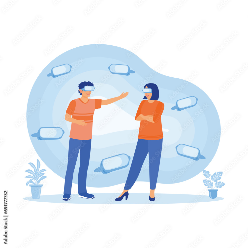 Happy young couple using virtual glasses. Virtual Relationships concept. Trend Modern vector flat illustration