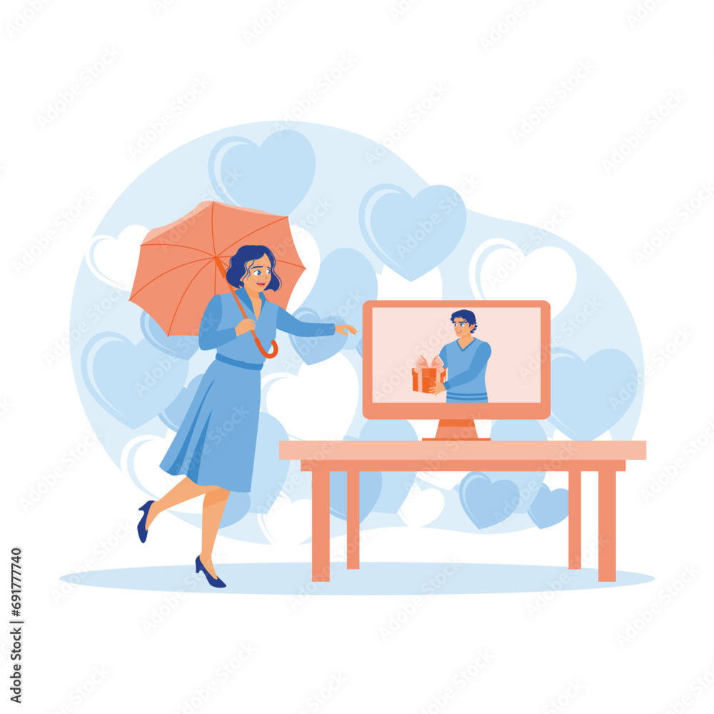 Happy man showing a gift to his partner on a virtual date. Make long-distance calls with your partner. virtual Relationships concept. Trend Modern vector flat illustration Happy man showing a gift to his partner on a virtual date. Make long-distance calls with your partner. virtual Relationships concept. Trend Modern vector flat illustration