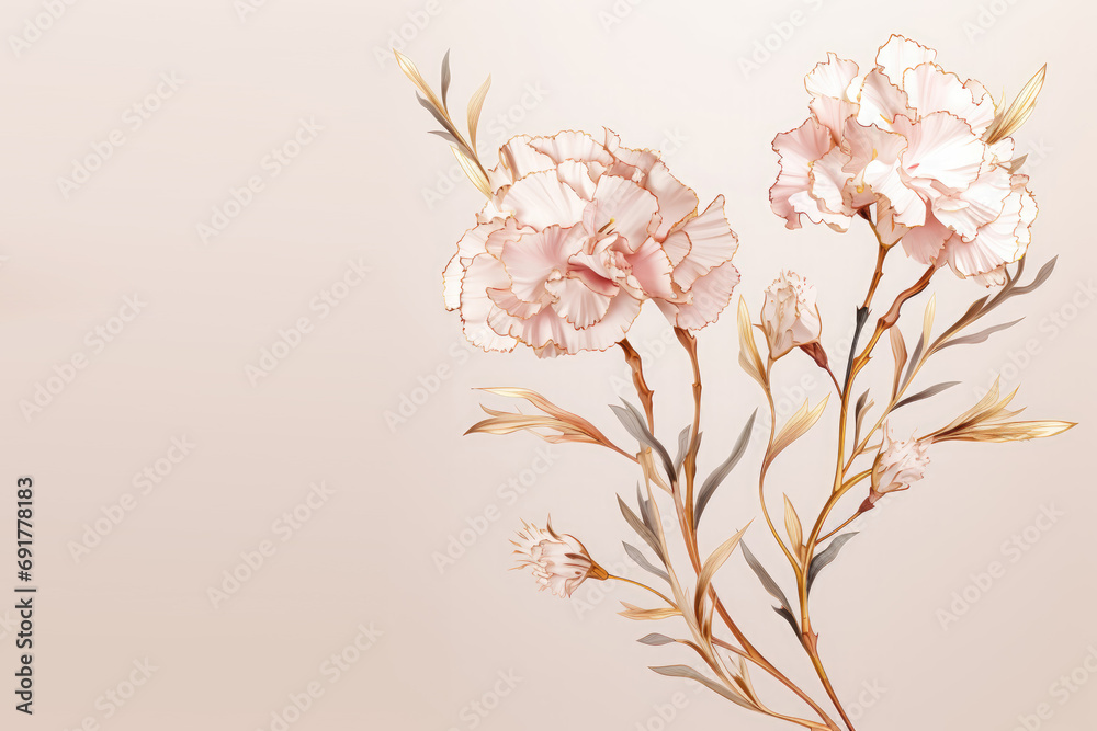 Naklejka premium Carnation branches on elegant pastel background. Wedding invitations, greeting cards, wallpaper, background, printing, poster, social ads, banner