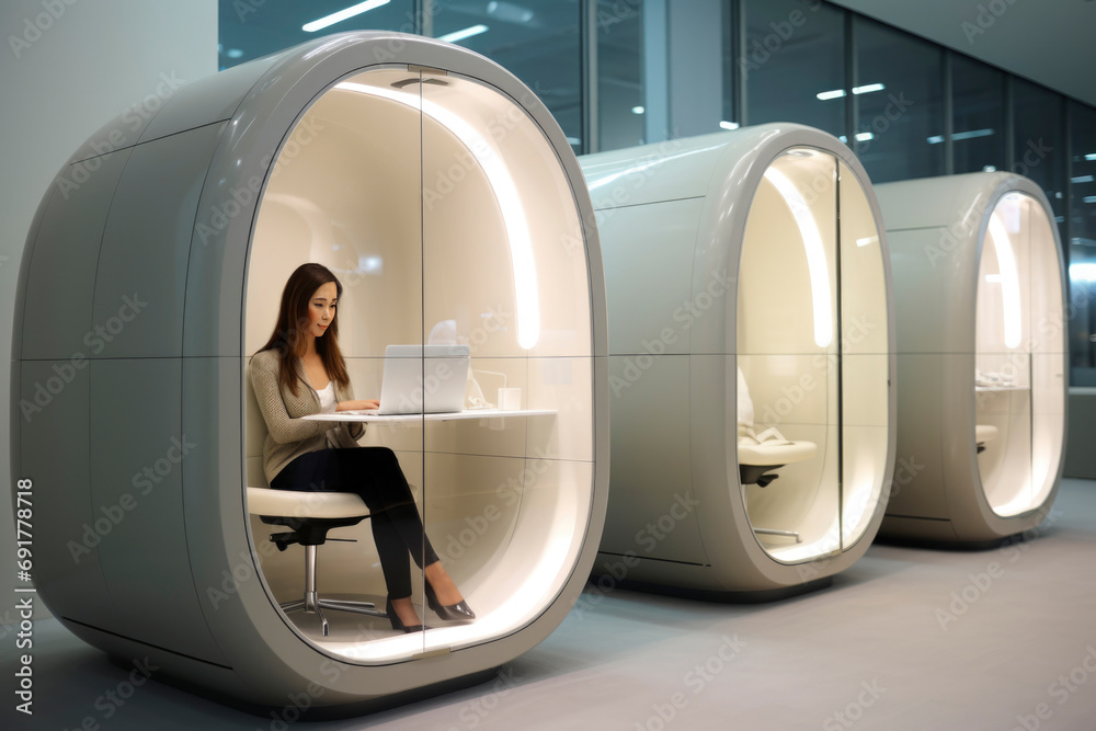 Futuristic meeting pod capsule interior design on modern startup office for private meetings - obrazy, fototapety, plakaty 