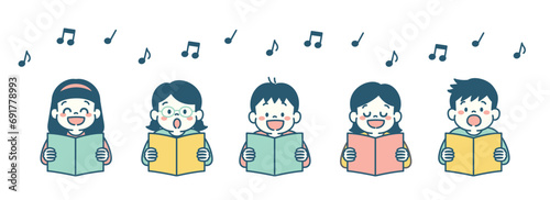 みんなで歌を歌う子供達のイラストセット　シンプル