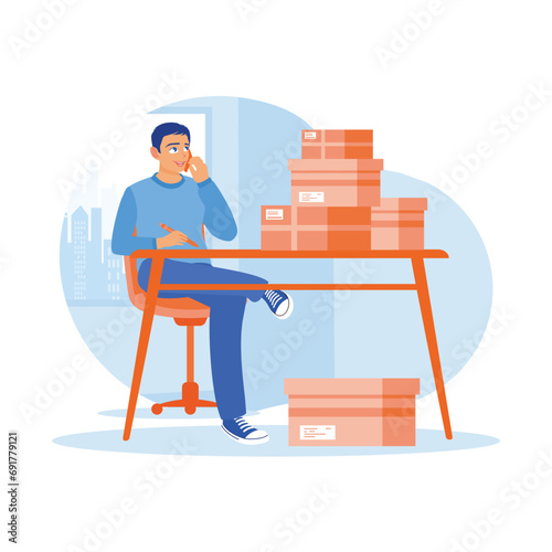 The owner of a goods delivery service business receives a call from a customer. Businessman writing and confirming orders by phone. Order Confirmation concept. Trend Modern vector flat illustration