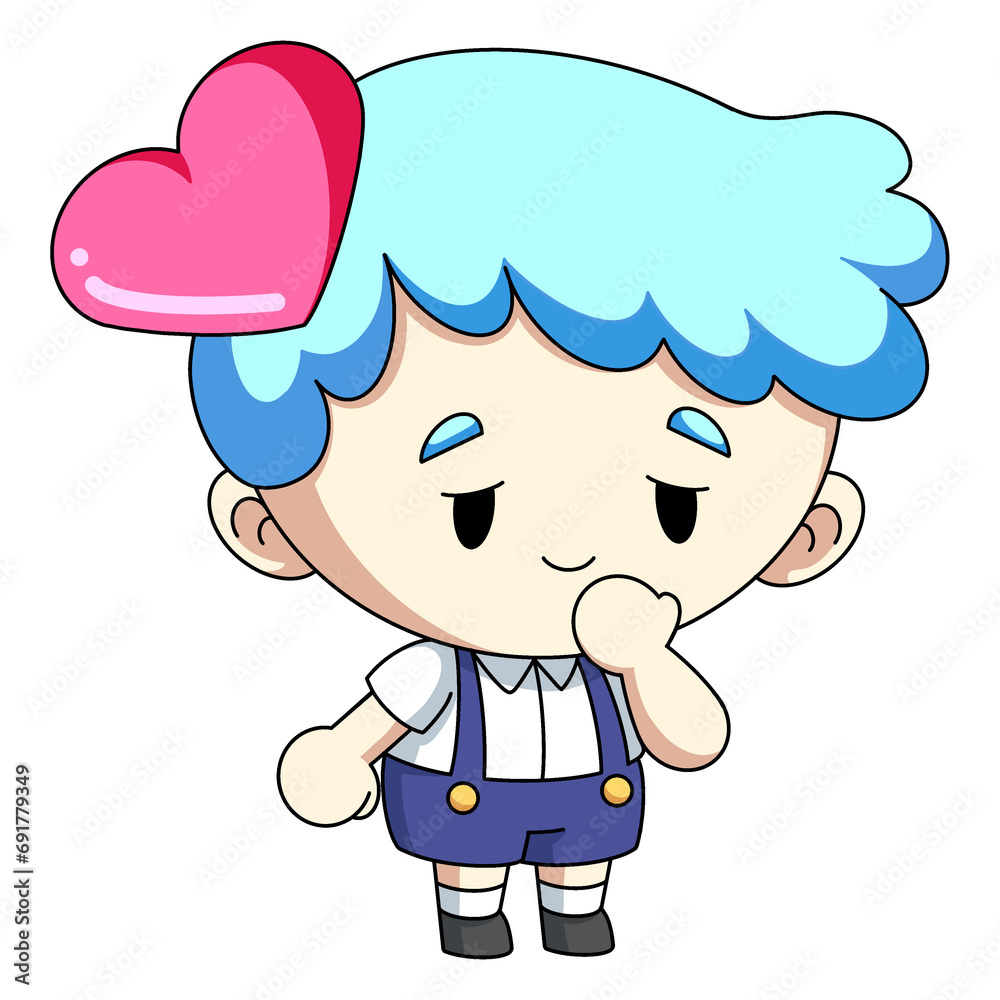 Funny Valentine illustration. A blue-haired boy is falling in love on transparent background. Funny Valentine illustration. A blue-haired boy is falling in love on transparent background.
