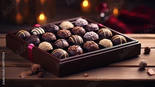 Gourmet Delight, Exquisite Chocolate Box, Handcrafted Truffles on Wooden Table fully empty Blank Frame,