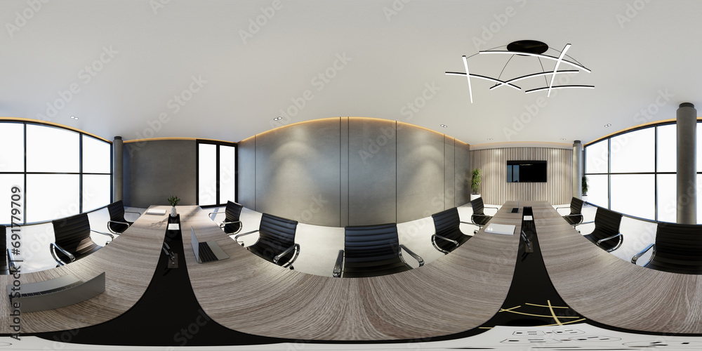 3D illustration of a 360 degrees rendering. It showcases modern conference interiors with screens on the walls, representing the concept of a workplace and enterprise. - obrazy, fototapety, plakaty 