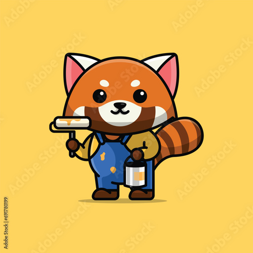 Cute painter red panda cartoon vector illustration animal proffession concept icon isolated © Satisfactoons