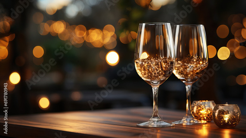 Champagne Glasses on Wooden Table for New Year's: A Stylish Arrangement of Elegant Stemware Filled with Bubbly Champagne, Set on a Warm Wooden Surface, Ready for New Year's Celebrations.