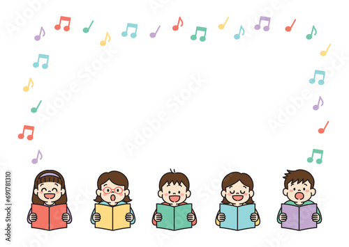 グループで歌を歌う子どものイラスト背景素材