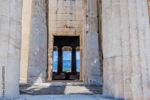 Columns and entrance doorway into the Temple of Hephaistos in Athens, Greece. photo