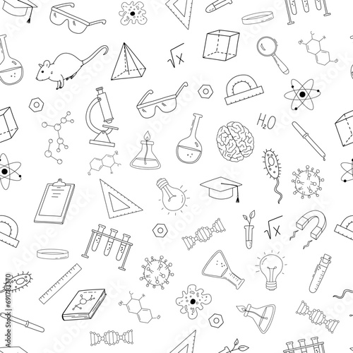 Seamless vector monochrome pattern with doodles science and education. Outline sketches on white background. Brain, microscope, test tubes and virus line illustrations