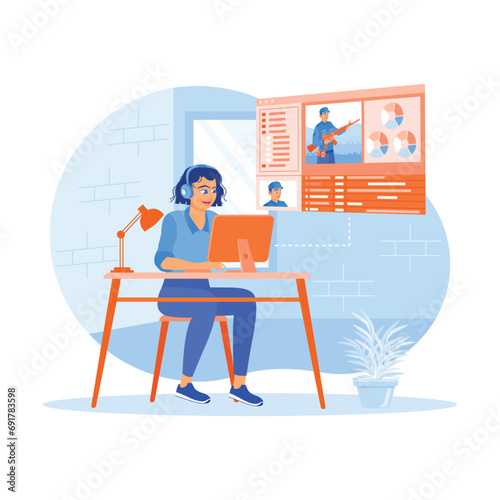 Female video editor using headphones in creative office loft. Editing recorded film using software on a computer. Video Editor concept. Trend Modern vector flat illustration