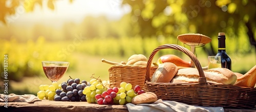 Picnic basket with fruits, bread, and wine in close-up. photo