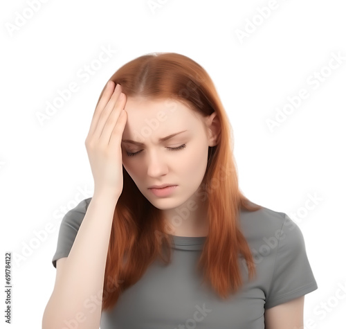A young girl with one hand supporting her forehead, isolated on transparent background. she is suffering from headache and stressed because pain and migraine.